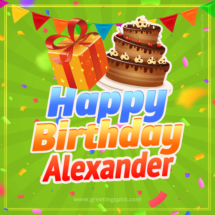 Happy Birthday Alexander picture with flags, chocolate cake and gift box (square shape image)