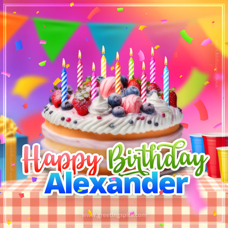 Happy Birthday Alexander Colorful Image with fruit cake and candles (square shape image)