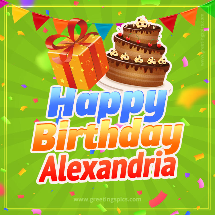 Happy Birthday Alexandria picture with flags, chocolate cake and gift box (square shape image)