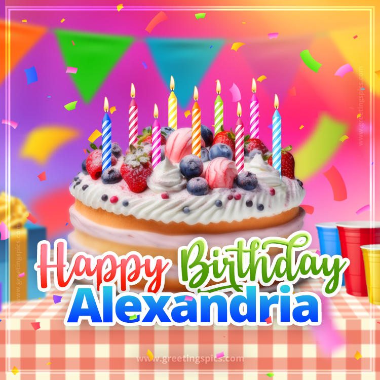 Happy Birthday Alexandria Colorful Image with fruit cake and candles (square shape image)