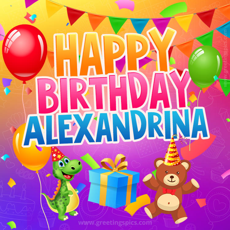 Happy Birthday Alexandrina Image for a child with cute dinosaur and bear (square shape image)