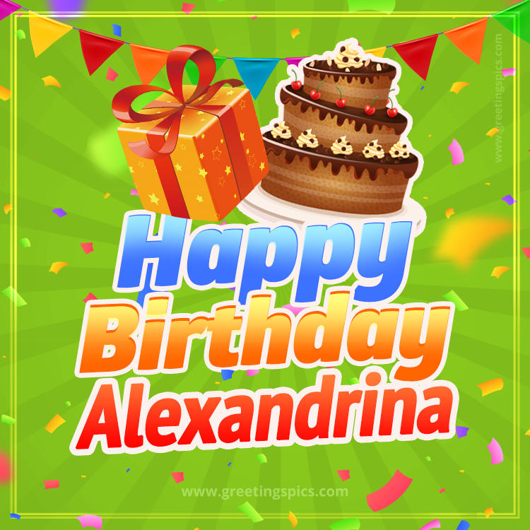 Happy Birthday Alexandrina picture with flags, chocolate cake and gift box (square shape image)