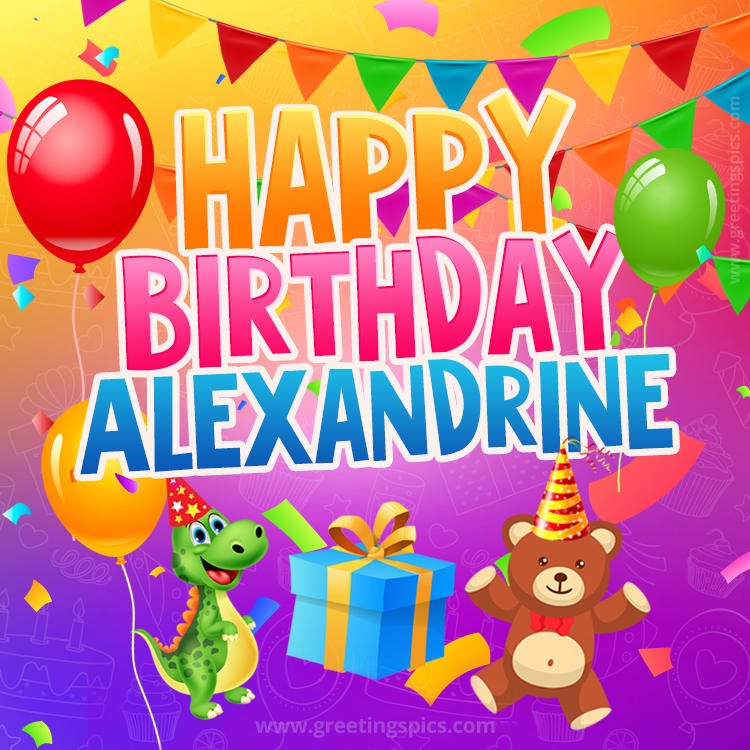 Happy Birthday Alexandrine Image for a child with cute dinosaur and bear (square shape image)