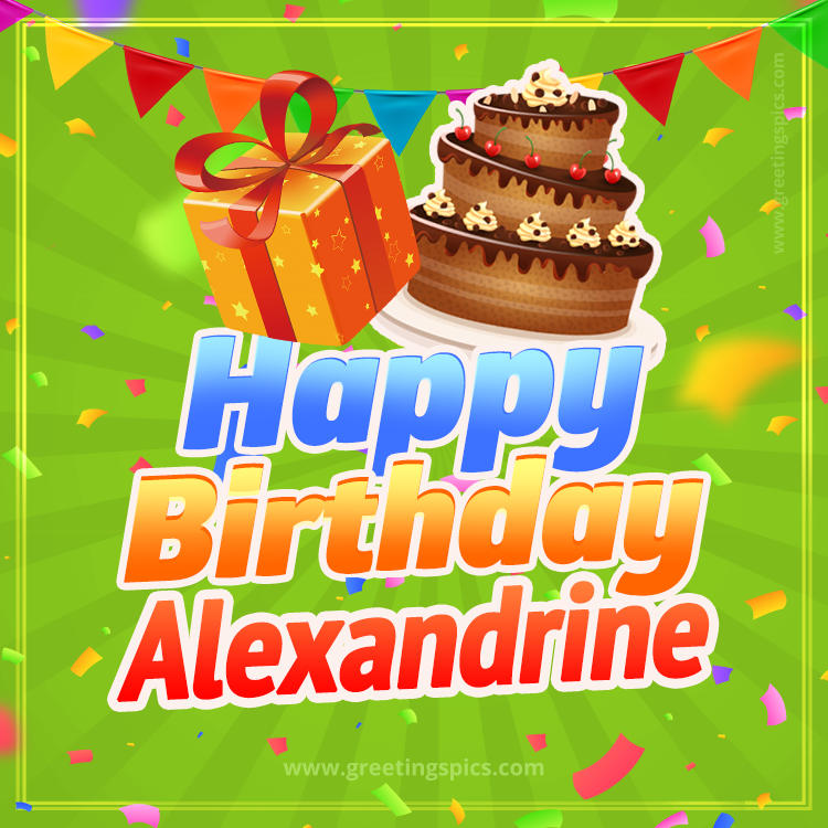 Happy Birthday Alexandrine picture with flags, chocolate cake and gift box (square shape image)