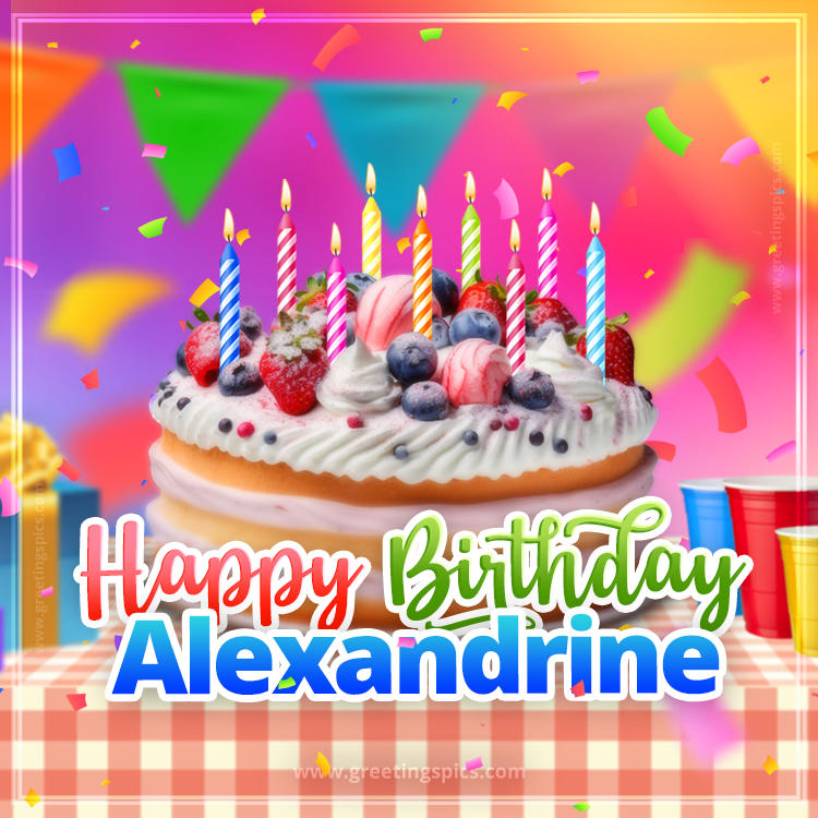 Happy Birthday Alexandrine Colorful Image with fruit cake and candles (square shape image)