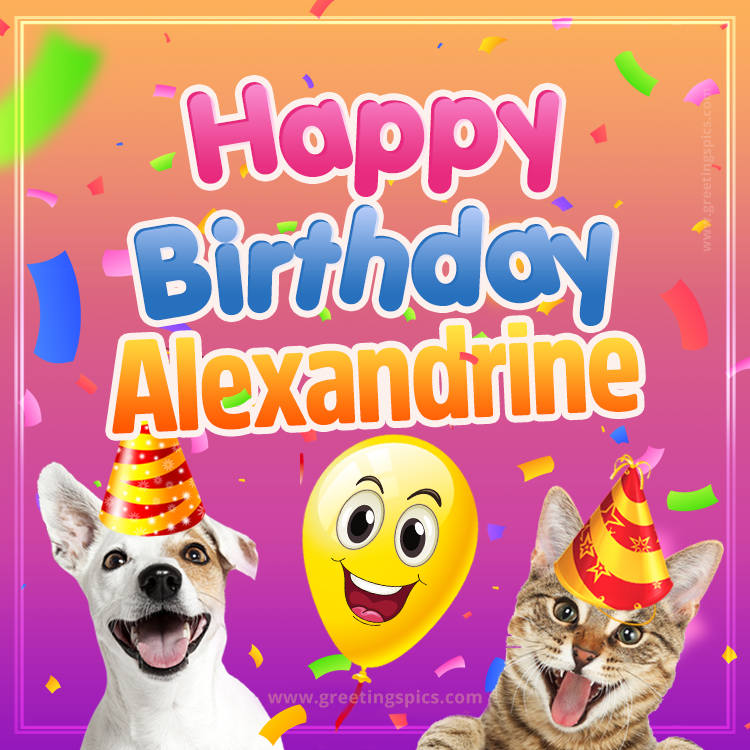 Happy Birthday Alexandrine Funny Image with cat and dog (square shape image)