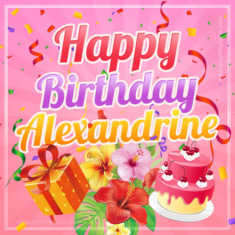 Beautiful Birthday Card for Alexandrine with Cake and bouquet of flowers (square shape image)