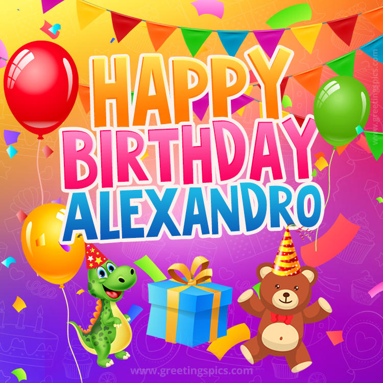 Happy Birthday Alexandro Image for a child with cute baby dinosaur and bear (square shape image)