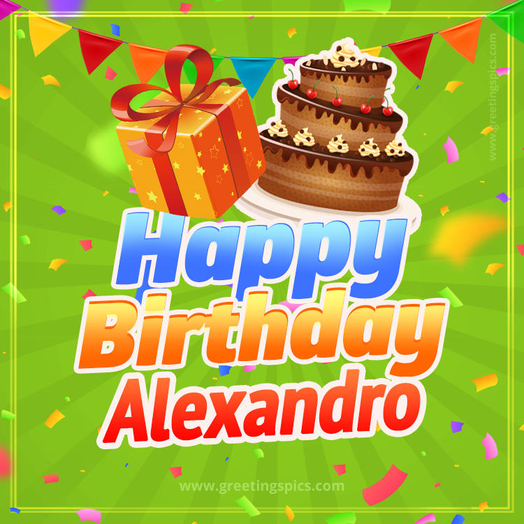 Happy Birthday Alexandro picture with flags, chocolate cake and gift box (square shape image)