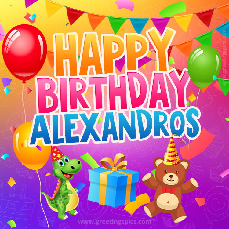 Happy Birthday Alexandros Image for a child with cute baby dinosaur and bear (square shape image)