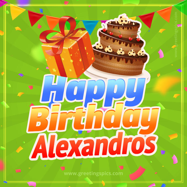 Happy Birthday Alexandros picture with flags, chocolate cake and gift box (square shape image)