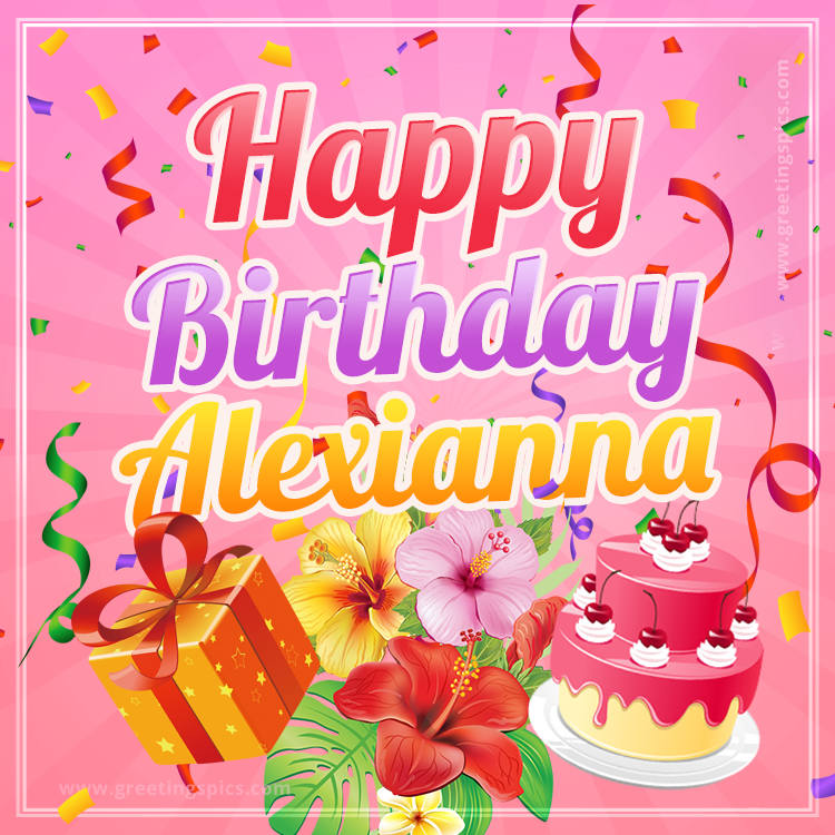 Beautiful Birthday Card for Alexianna with Cake and bouquet of flowers (square shape image)