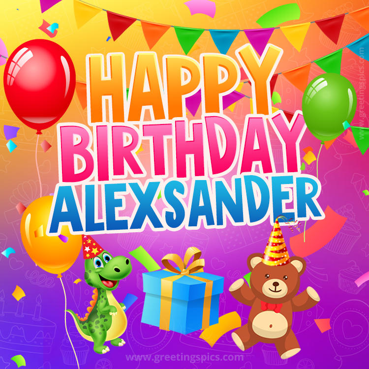 Happy Birthday Alexsander Image for a child with cute baby dinosaur and bear (square shape image)