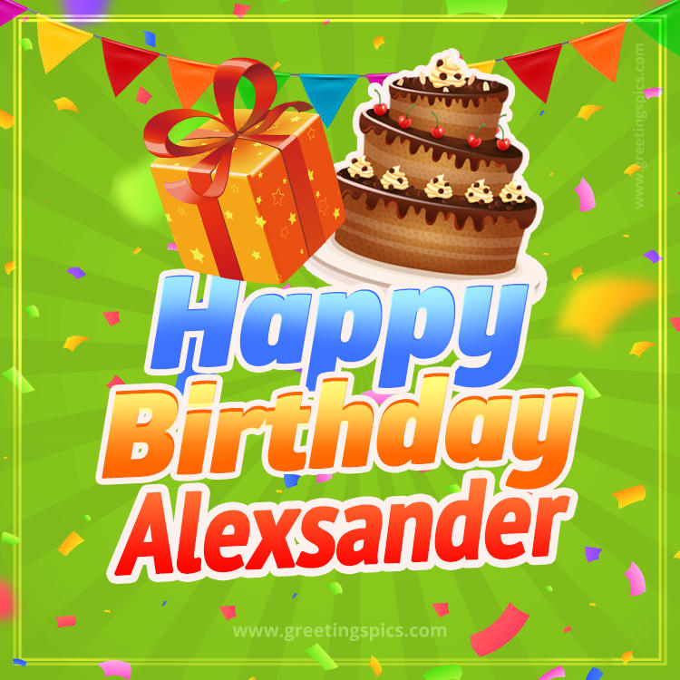 Happy Birthday Alexsander picture with flags, chocolate cake and gift box (square shape image)