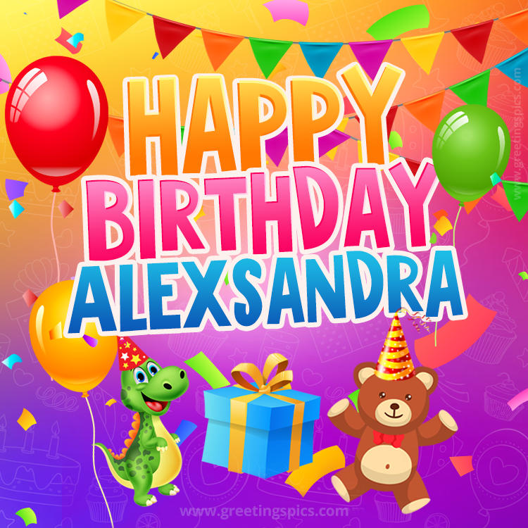 Happy Birthday Alexsandra Image for a child with cute dinosaur and bear (square shape image)