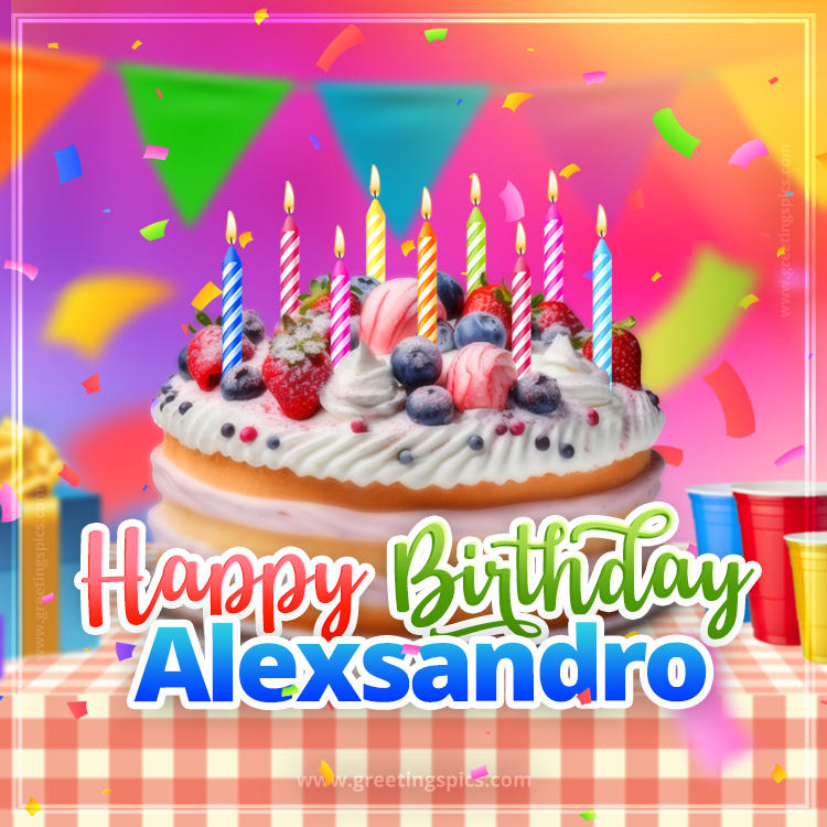 Happy Birthday Alexsandro Colorful Image with fruit cake and candles (square shape image)