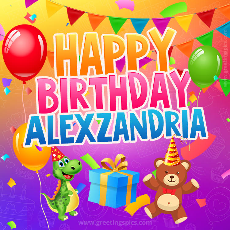 Happy Birthday Alexzandria Image for a child with cute dinosaur and bear (square shape image)