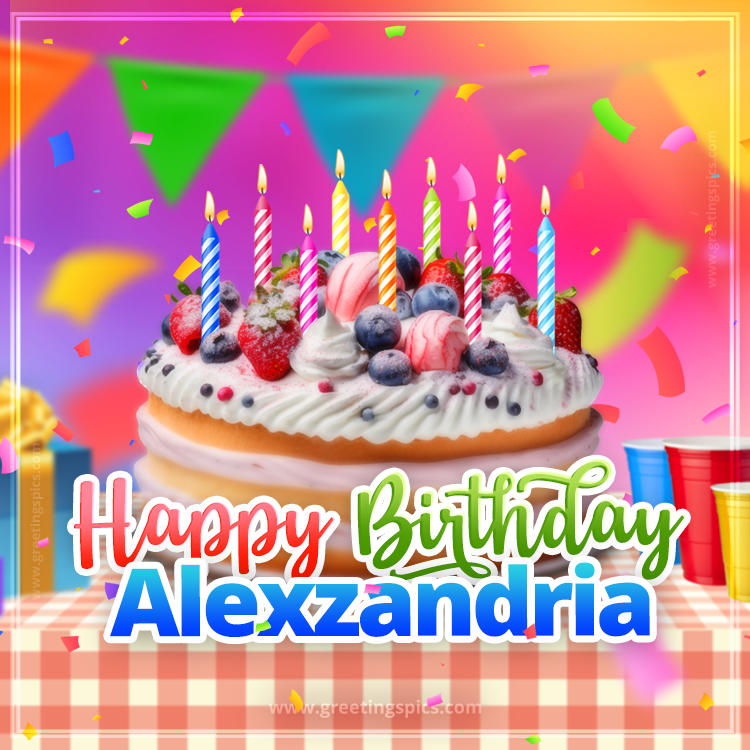 Happy Birthday Alexzandria Colorful Image with fruit cake and candles (square shape image)