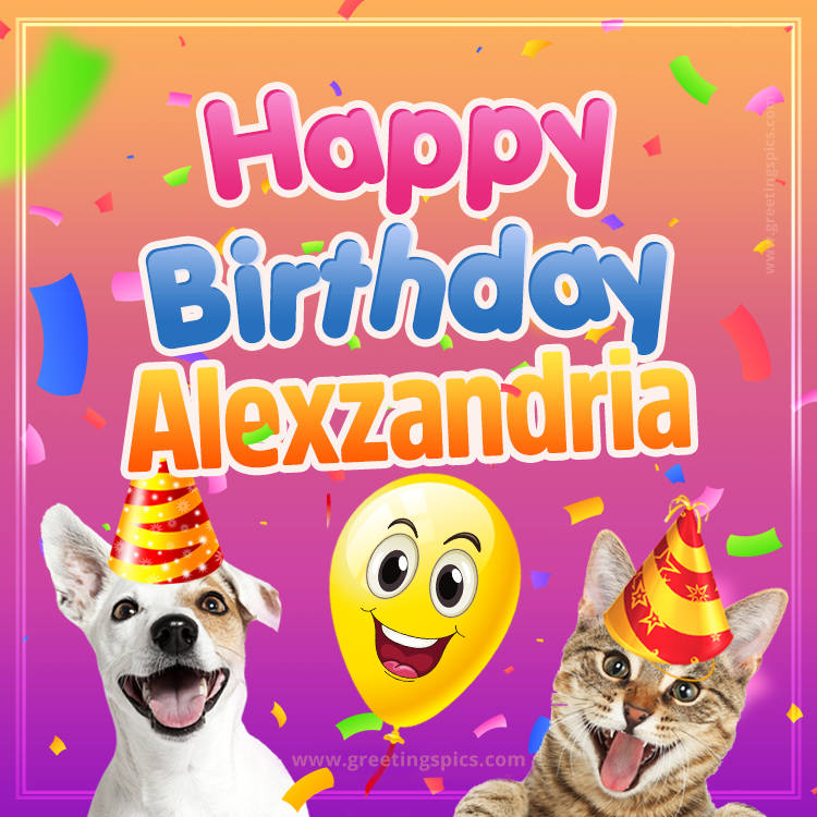 Happy Birthday Alexzandria Funny Image with cat and dog (square shape image)