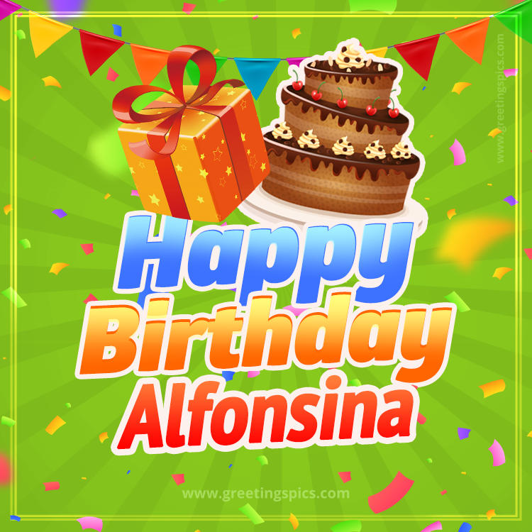 Happy Birthday Alfonsina picture with flags, chocolate cake and gift box (square shape image)