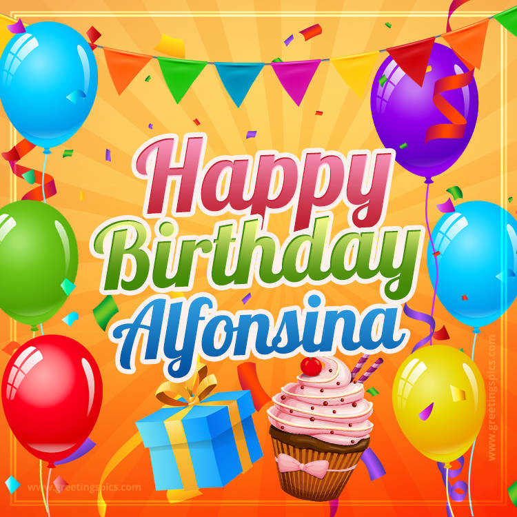 Happy Birthday Alfonsina eCard with gift box and cupcake (square shape image)