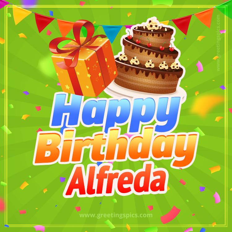 Happy Birthday Alfreda picture with flags, chocolate cake and gift box (square shape image)