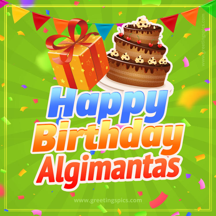 Happy Birthday Algimantas picture with flags, chocolate cake and gift box (square shape image)