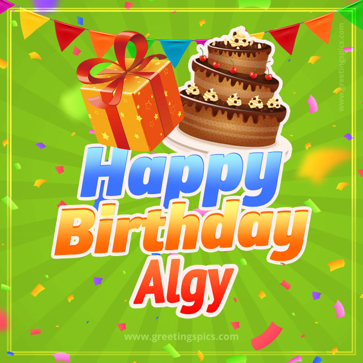 Happy Birthday Algy picture with flags, chocolate cake and gift box (square shape image)