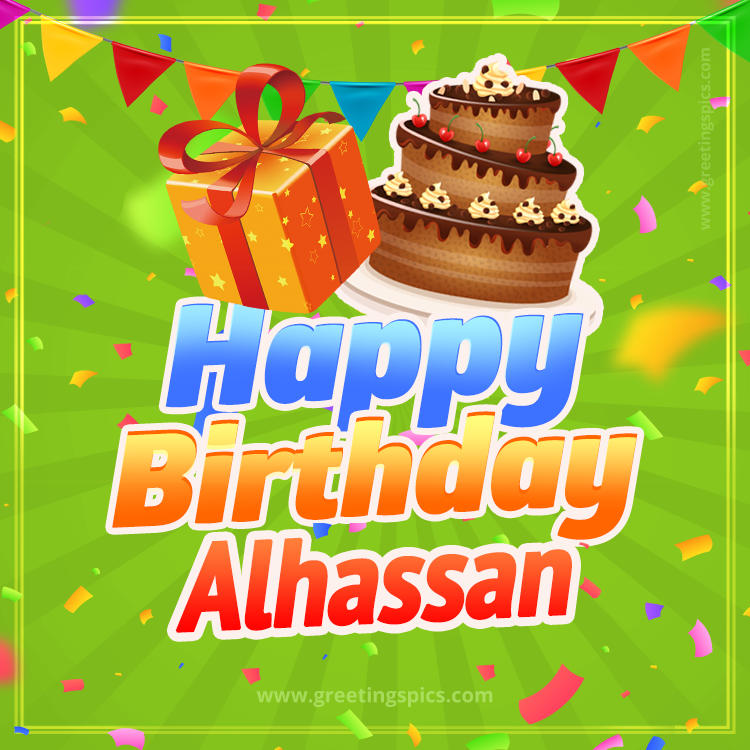 Happy Birthday Alhassan picture with flags, chocolate cake and gift box (square shape image)