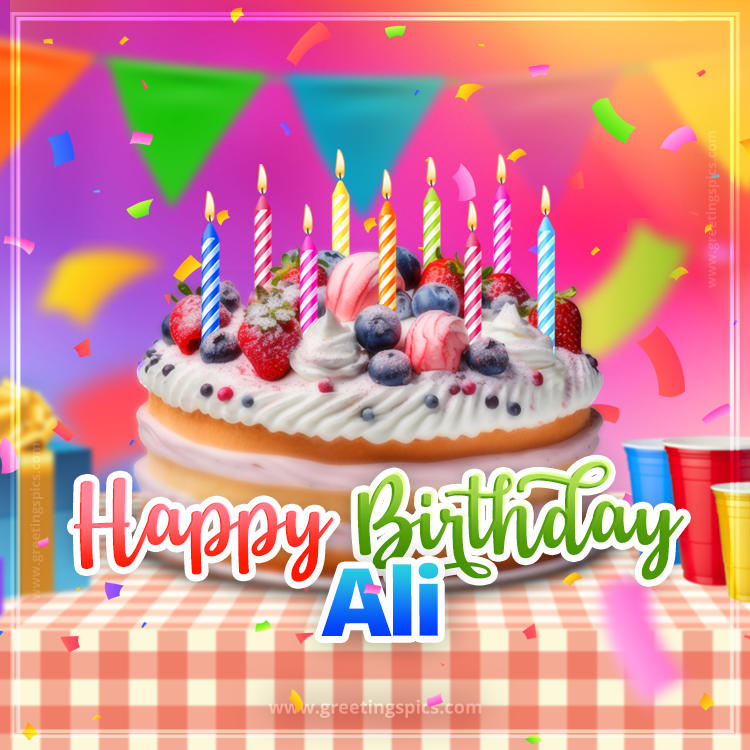 Happy Birthday Ali Colorful Image with fruit cake and candles (square shape image)