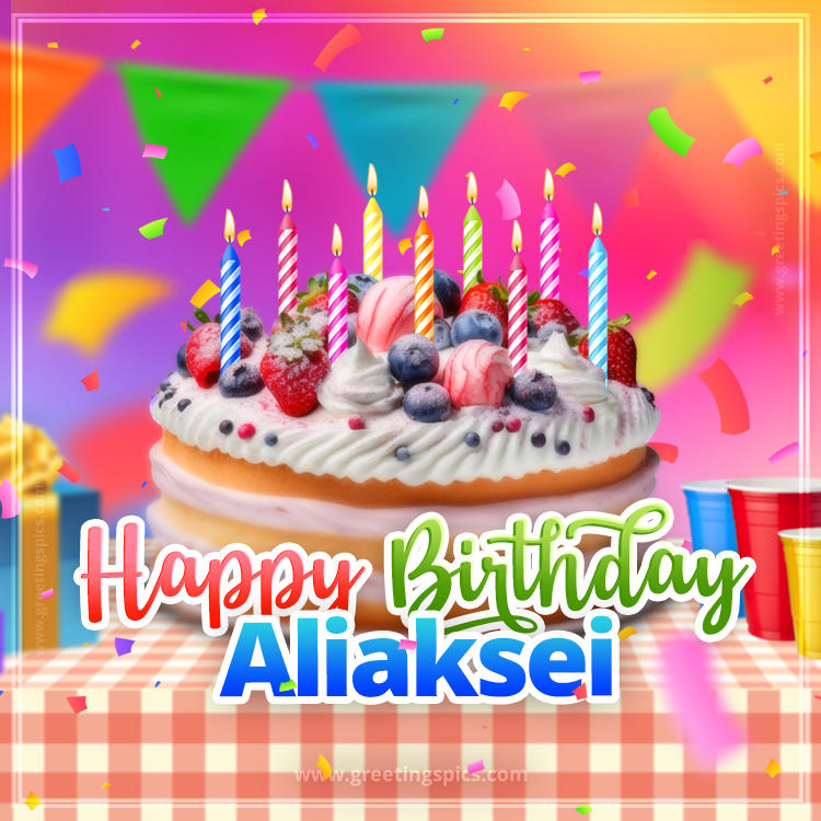 Happy Birthday Aliaksei Colorful Image with fruit cake and candles (square shape image)