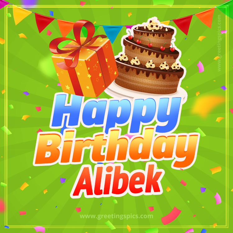 Happy Birthday Alibek picture with flags, chocolate cake and gift box (square shape image)