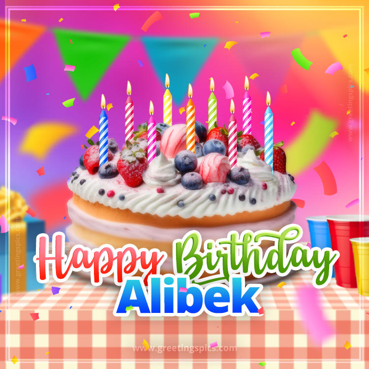 Happy Birthday Alibek Colorful Image with fruit cake and candles (square shape image)