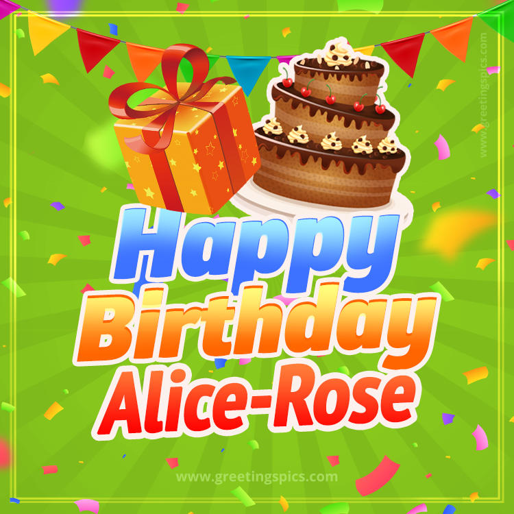 Happy Birthday Alice-Rose picture with flags, chocolate cake and gift box (square shape image)