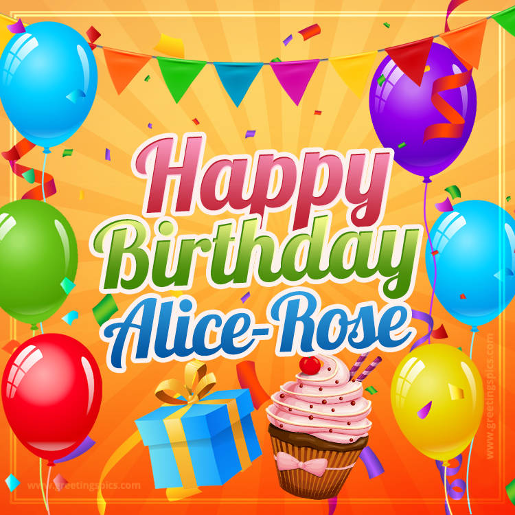 Happy Birthday Alice-Rose eCard with gift box and cupcake (square shape image)