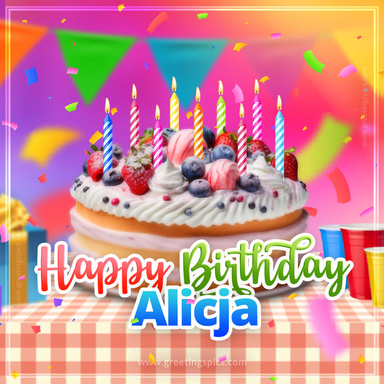 Happy Birthday Alicja Colorful Image with fruit cake and candles (square shape image)