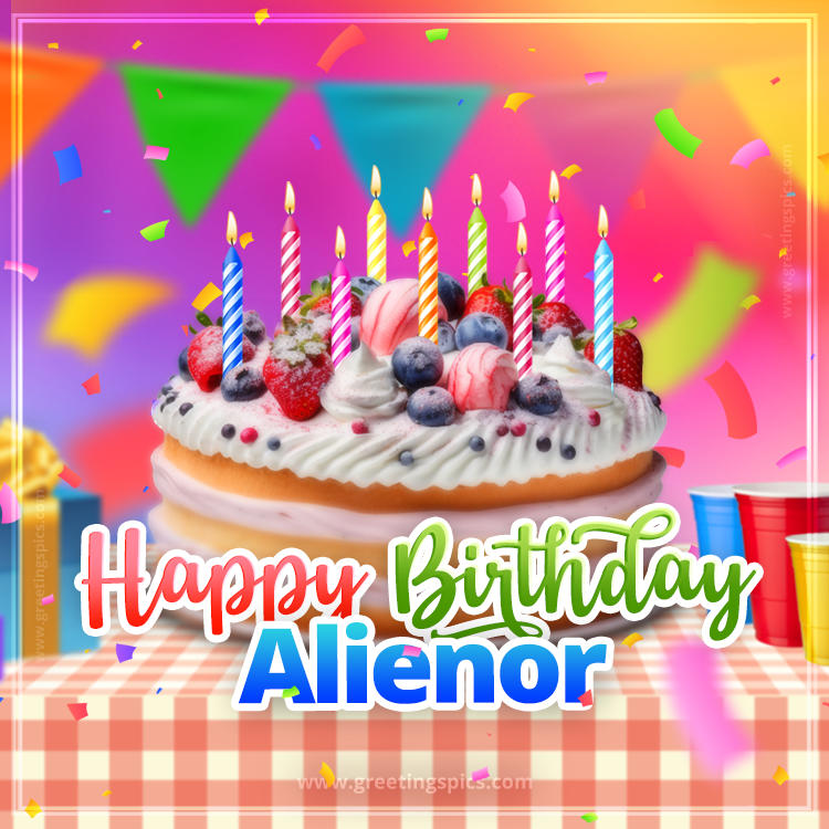 Happy Birthday Alienor Colorful Image with fruit cake and candles (square shape image)