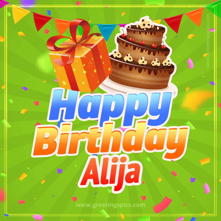 Happy Birthday Alija picture with flags, chocolate cake and gift box (square shape image)