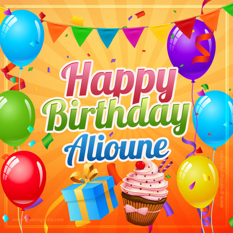 Happy Birthday Alioune eCard with gift box and cupcake (square shape image)