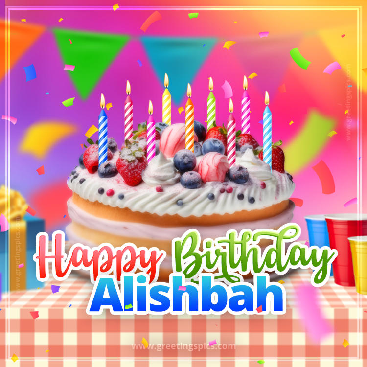 Happy Birthday Alishbah Colorful Image with fruit cake and candles (square shape image)