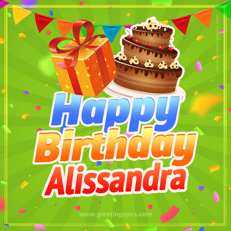 Happy Birthday Alissandra picture with flags, chocolate cake and gift box (square shape image)