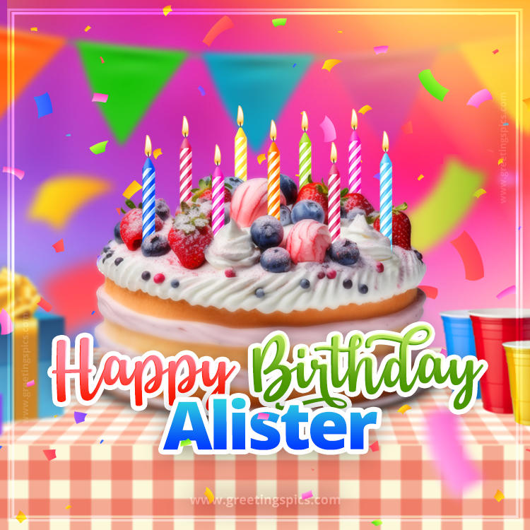 Happy Birthday Alister Colorful Image with fruit cake and candles (square shape image)