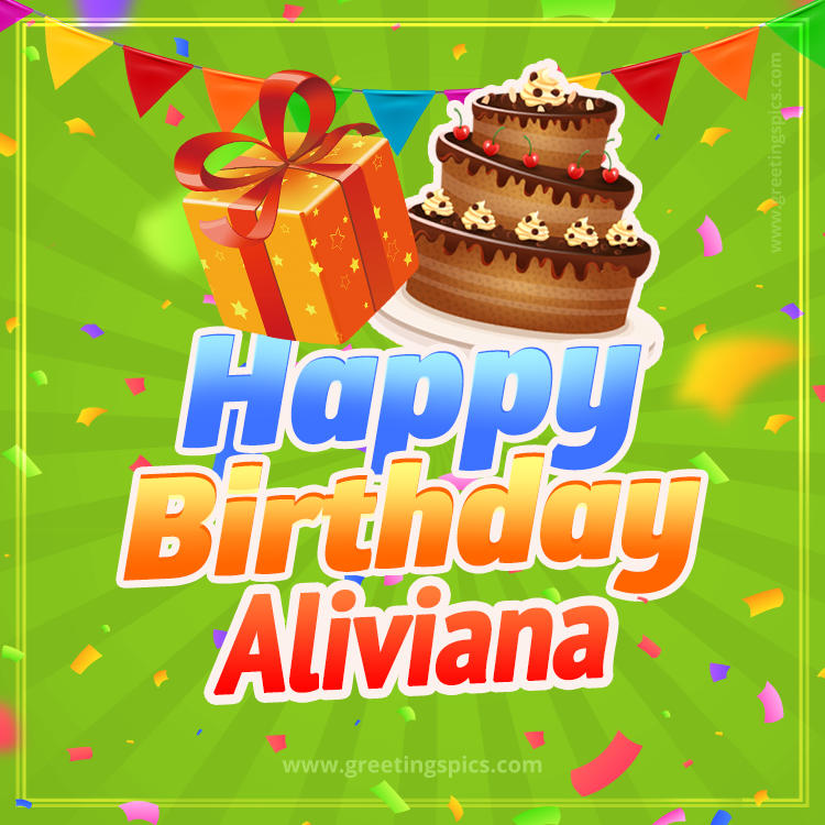 Happy Birthday Aliviana picture with flags, chocolate cake and gift box (square shape image)