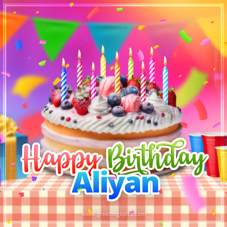 Happy Birthday Aliyan Colorful Image with fruit cake and candles (square shape image)