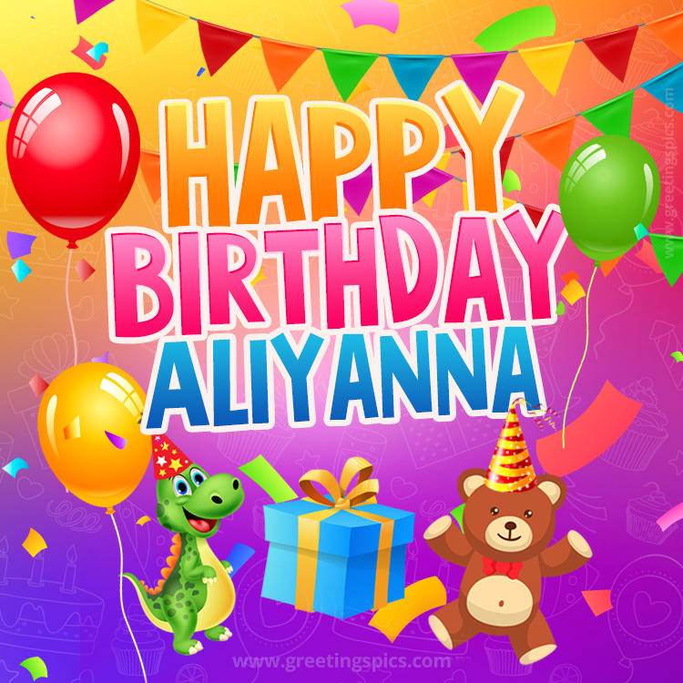 Happy Birthday Aliyanna Image for a child with cute dinosaur and bear (square shape image)