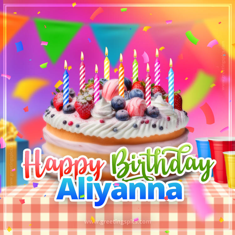 Happy Birthday Aliyanna Colorful Image with fruit cake and candles (square shape image)