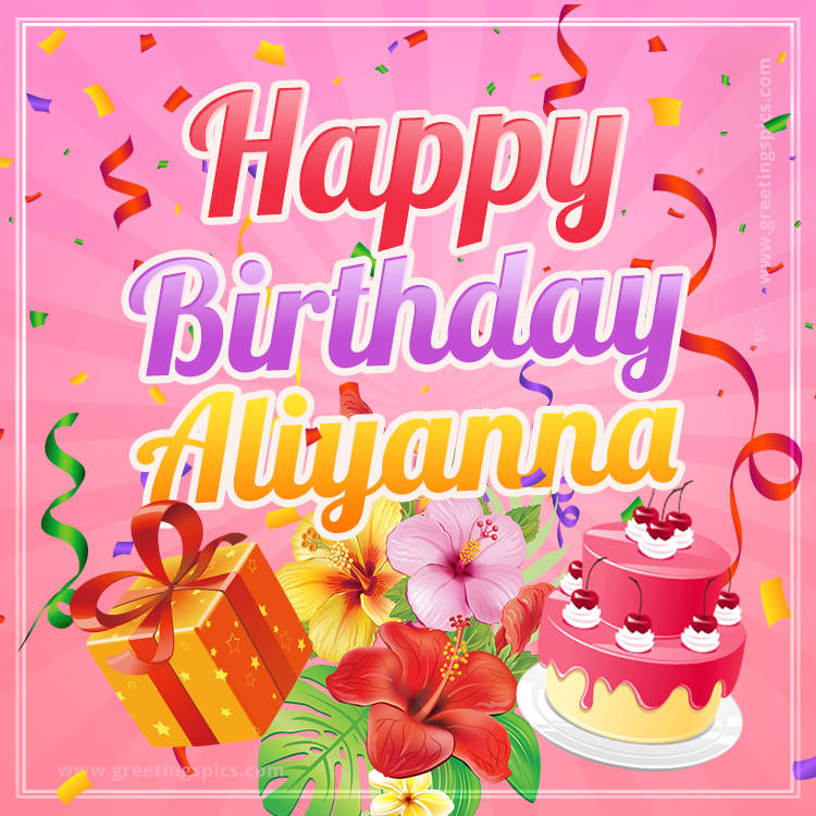 Beautiful Birthday Card for Aliyanna with Cake and bouquet of flowers (square shape image)