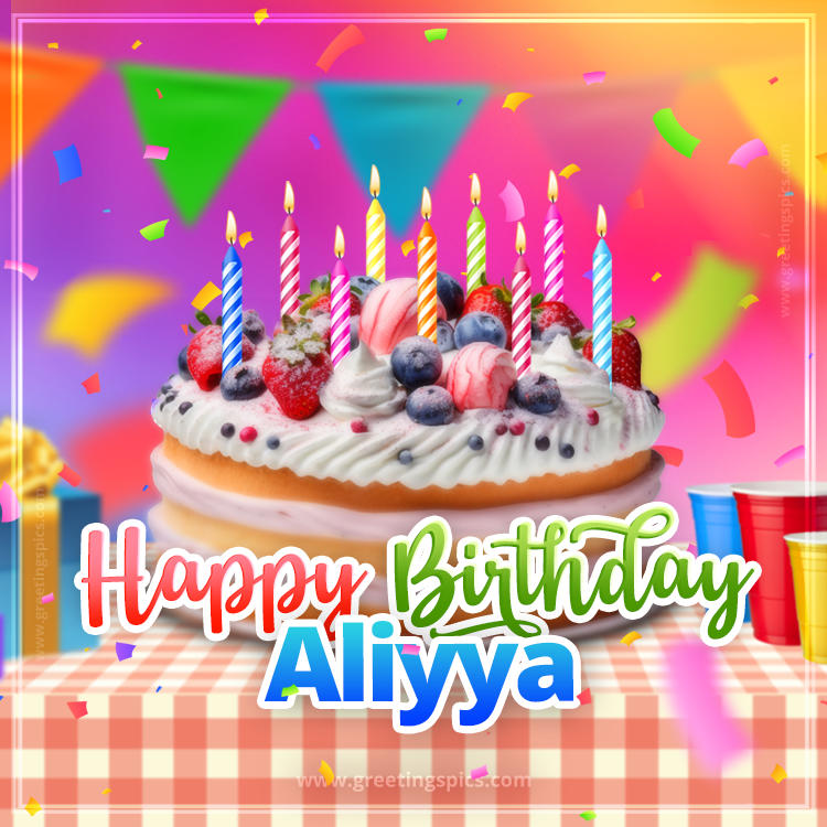 Happy Birthday Aliyya Colorful Image with fruit cake and candles (square shape image)