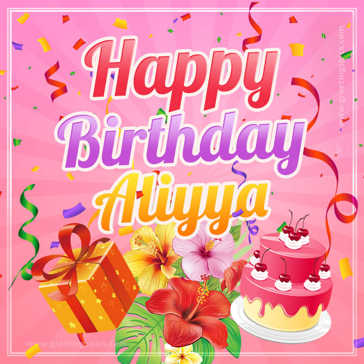 Beautiful Birthday Card for Aliyya with Cake and bouquet of flowers (square shape image)