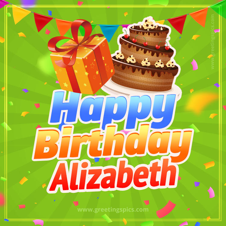 Happy Birthday Alizabeth picture with flags, chocolate cake and gift box (square shape image)